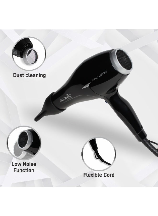 أي كونيك مجفف شعر احترافي Ikonic Pro 2800+، أسود، بقوة 2400–2800 واط، مزود بمحرك AC قوي ومنخفض الضجيج، مع 4 إعدادات حرارة و2 سرعة، زر الهواء البارد (Cool Shot)، فوهتان للتصفيف، نظام حماية من ارتفاع الحرارة، سلك بطول 2.8 متر، مناسب لجميع أنواع الشعر - Image 2